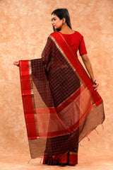 Dark Brown Checkered Cotton Banarasi Saree