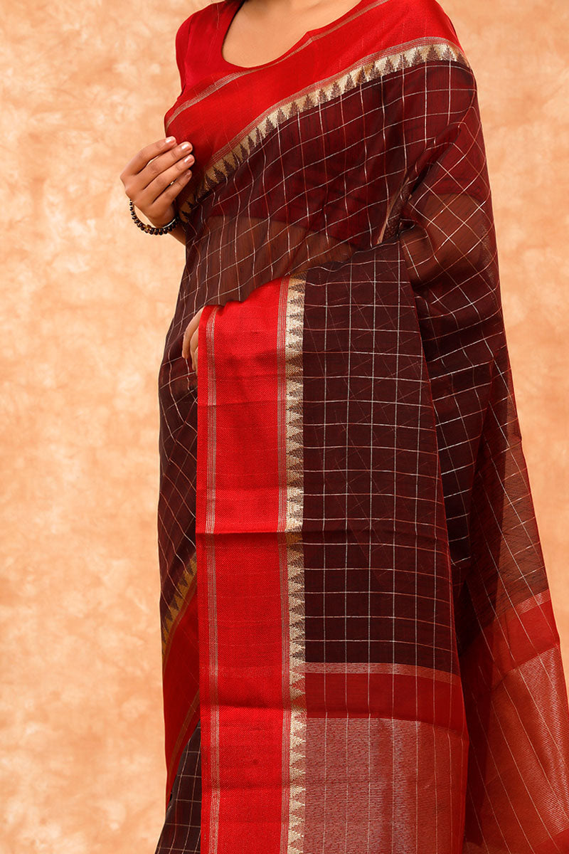 Dark Brown Checkered Cotton Banarasi Saree