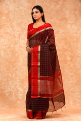 Dark Brown Checkered Cotton Banarasi Saree