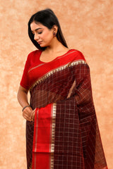 Dark Brown Checkered Cotton Banarasi Saree