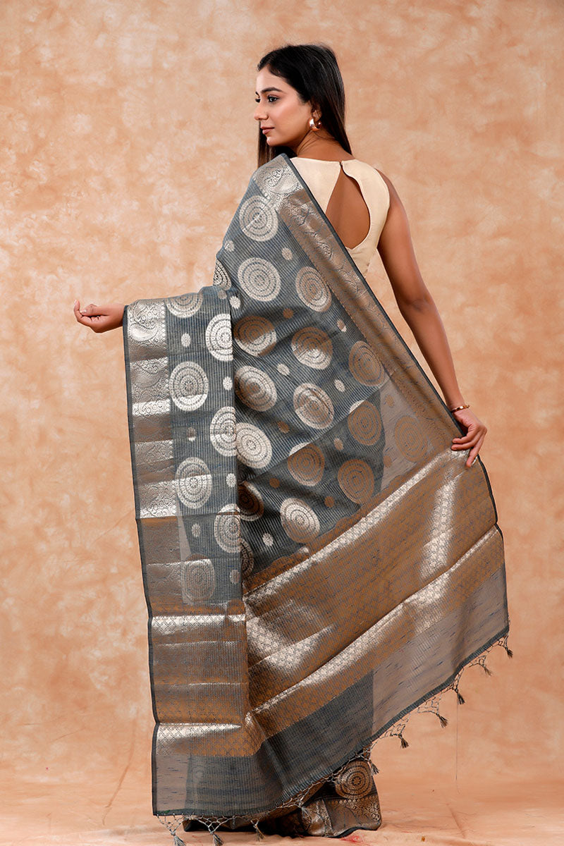 Silver Grey Ethnic Woven Banarasi Cotton Saree