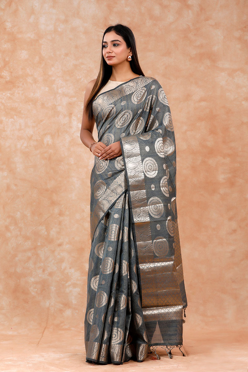 Silver Grey Ethnic Woven Banarasi Cotton Saree