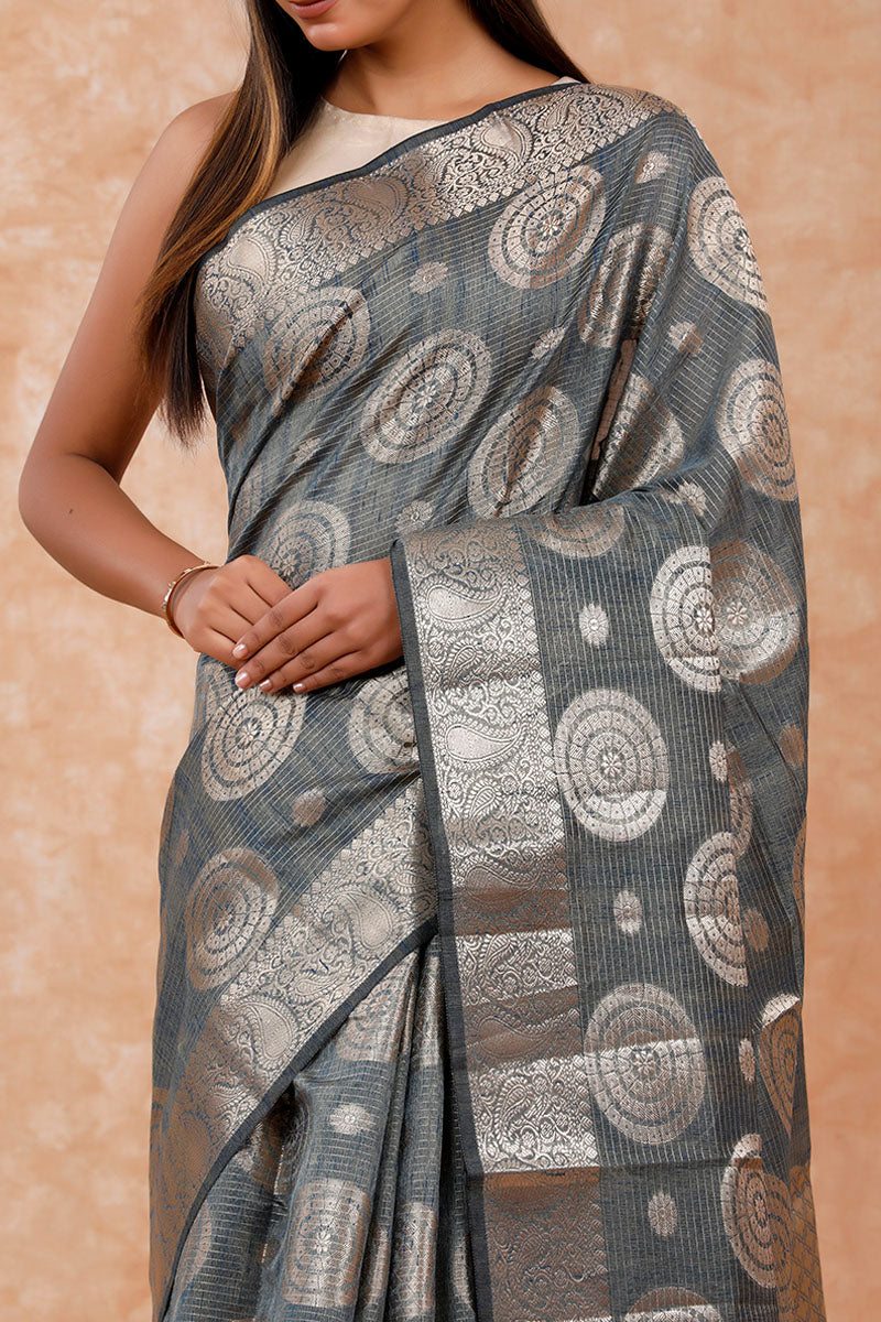Silver Grey Ethnic Cotton Banarasi Saree