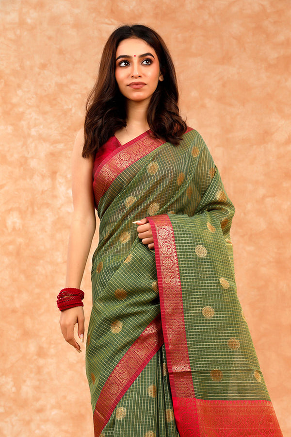 Green Checkered Cotton Banarasi Saree