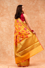 Yellow Floral Jaal Cotton Banarasi Saree