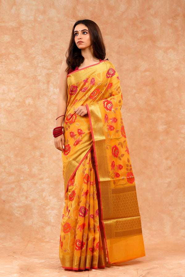 Yellow Floral Jaal Woven Banarasi Cotton Saree By Chinaya Banaras
