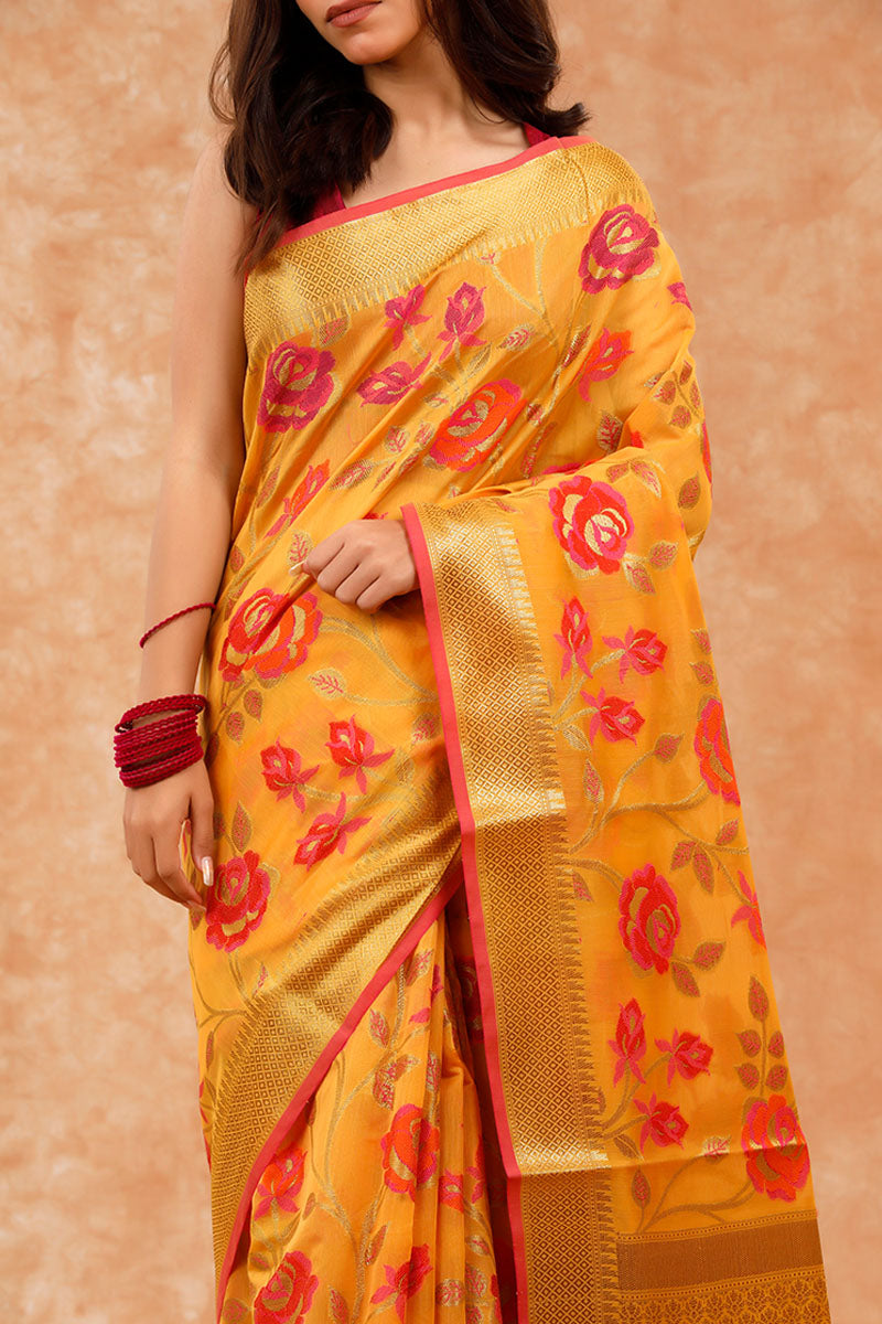 Yellow Floral Jaal Cotton Banarasi Saree