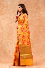 Yellow Floral Jaal Cotton Banarasi Saree