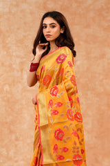 Yellow Floral Jaal Cotton Banarasi Saree