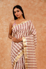 Peach & White Striped Woven Banarasi Cotton Saree