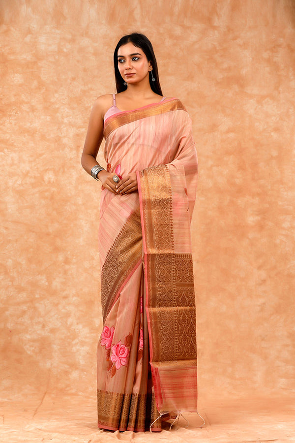 Pink Handpainted Banarasi Cotton Saree By Chinaya Banaras