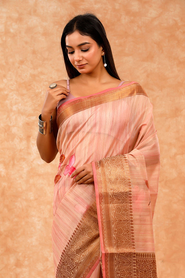 Oldrose Pink Handpainted Cotton Banarasi Saree
