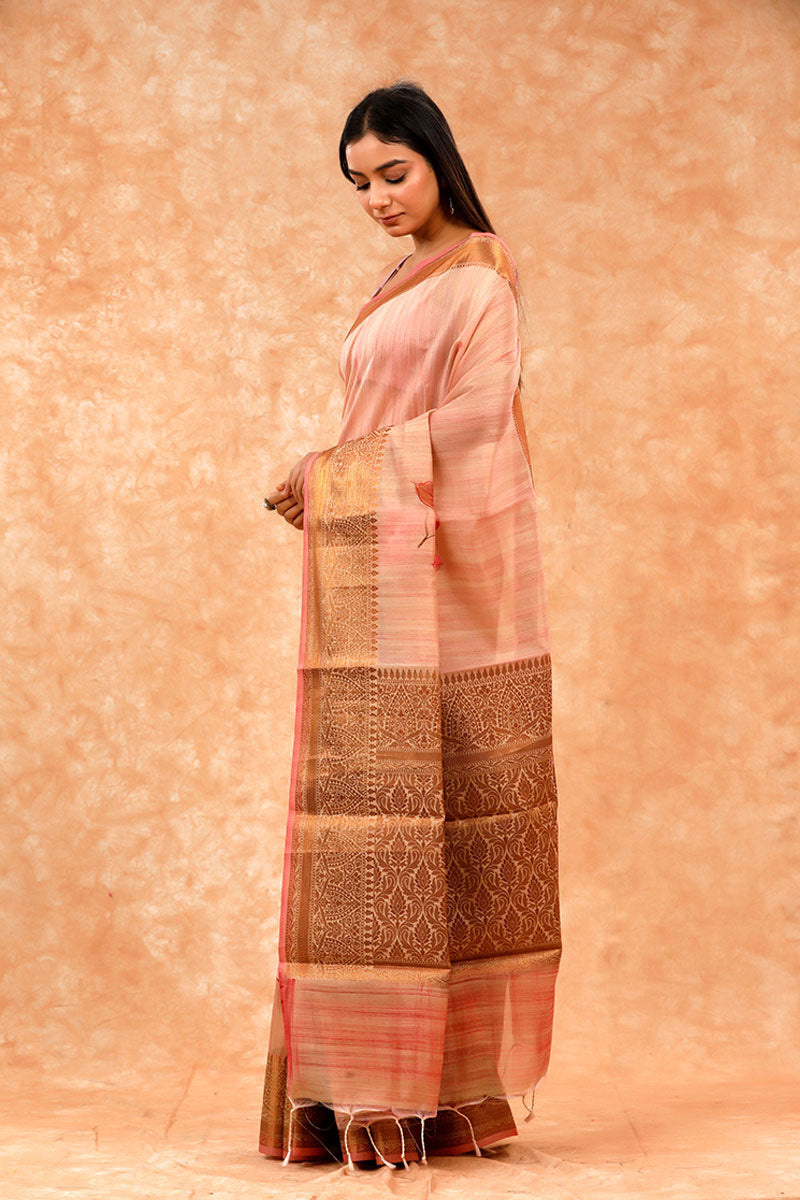 Oldrose Pink Handpainted Banarasi Cotton Saree