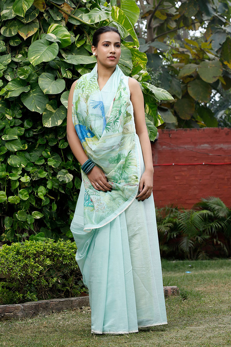 Mint Green Floral Printed Soot Cotton Saree