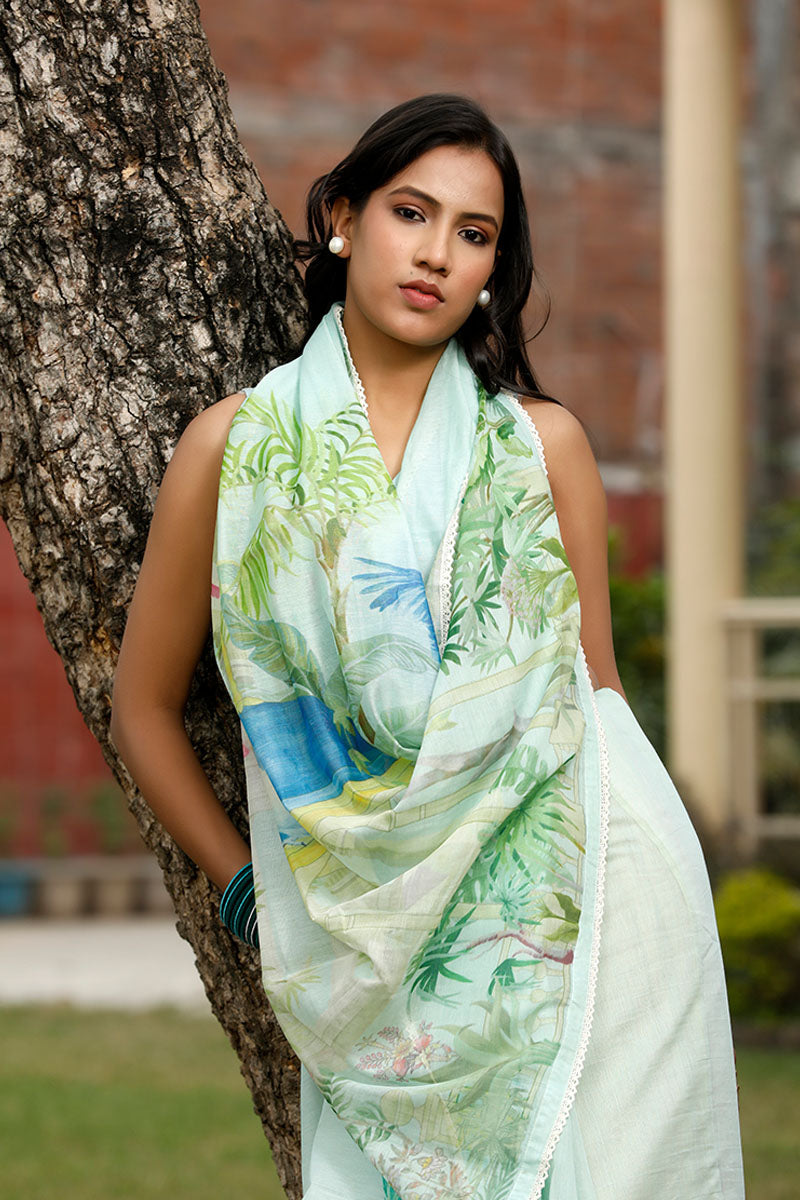 Mint Green Floral Printed Soot Cotton Saree