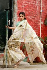 Off White Animal Printed Soot Cotton Saree