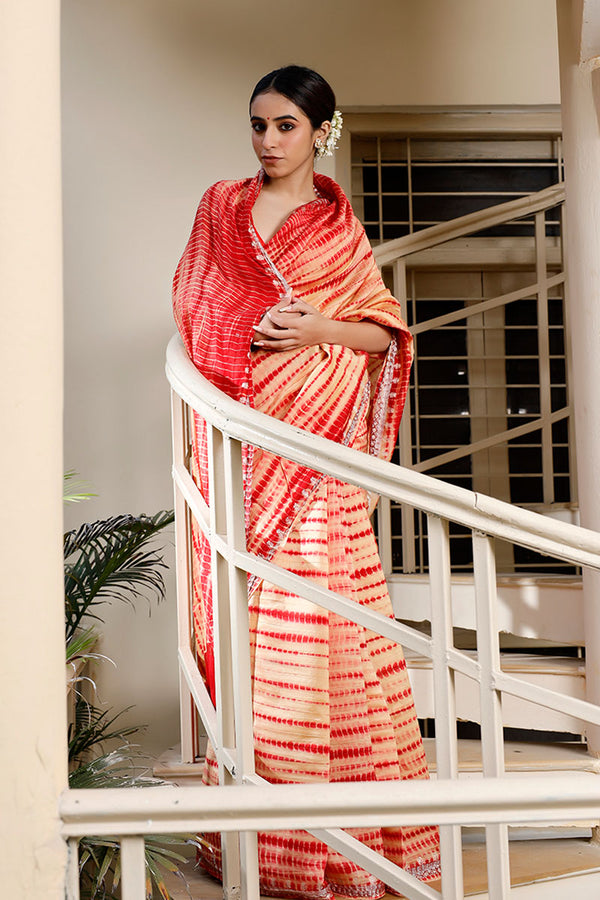 Red Tie & Dye Chanderi Silk Saree by Chinaya Banaras