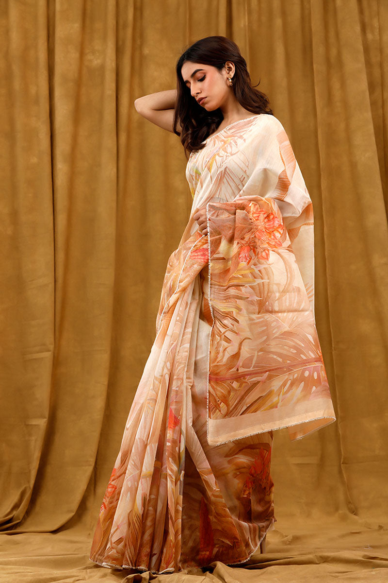 Beige Floral Printed Soot Cotton Saree