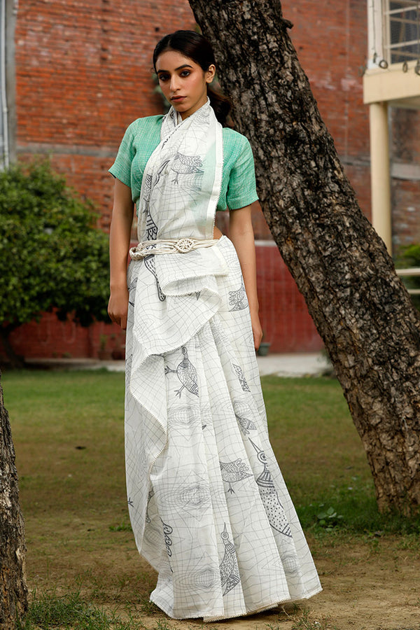 Daisy White Bird Printed  Soot Cotton Saree