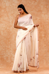 White & Peach Printed Cotton Saree By Chinaya Banaras