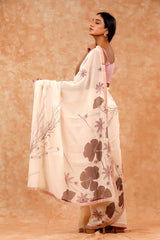 White & Peach Floral Printed Soot Cotton Saree