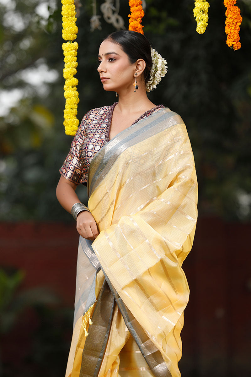 Light Yellow Woven Kota Doria Saree