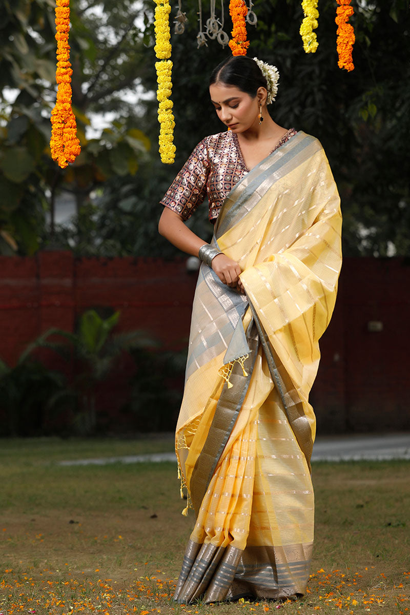 Light Yellow Woven Kota Doria Saree