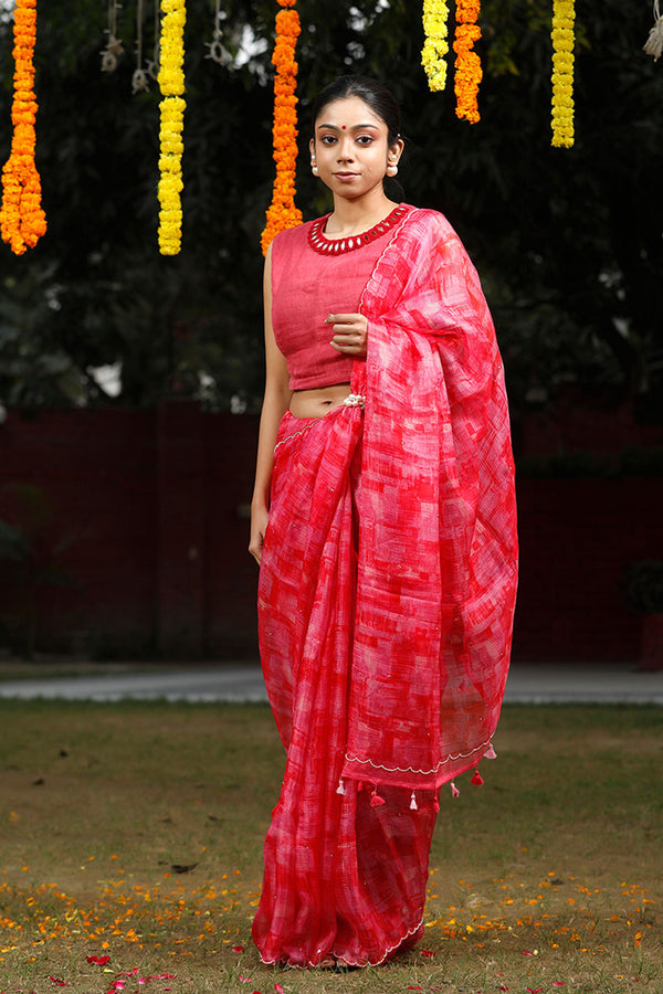 Rose Red Embellished Kota Doria Saree