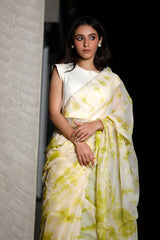 Neon Green Embellished Tie & Dye Kota Doria Saree