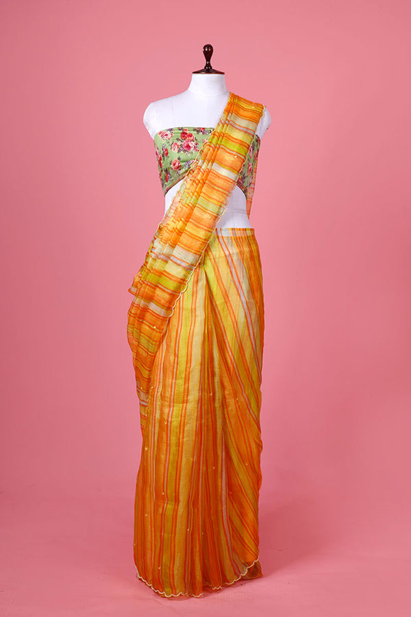 Yellow Striped Kota Doria Saree By Chinaya Banaras