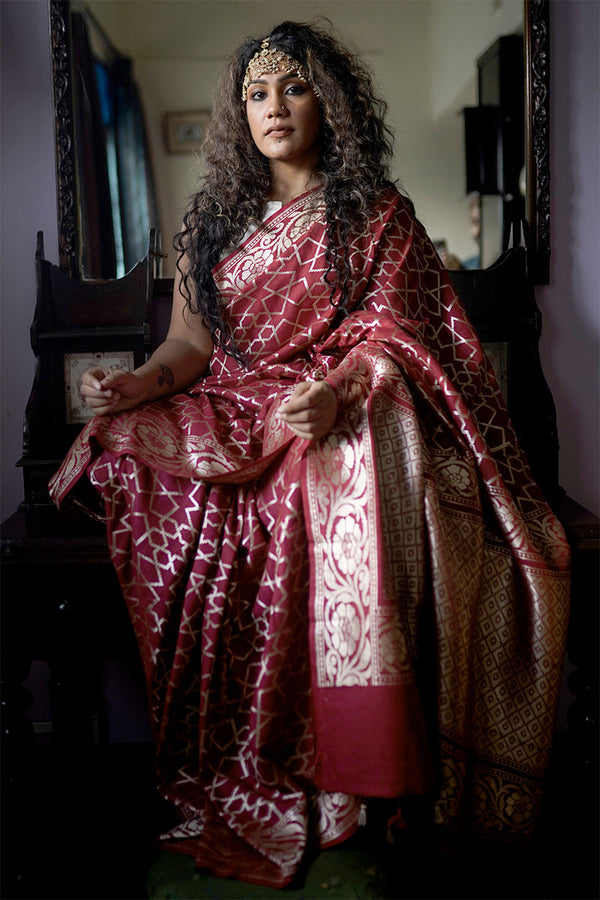 Women In Burgundy Tussar Khaddi Silk Saree At Chinaya Banaras