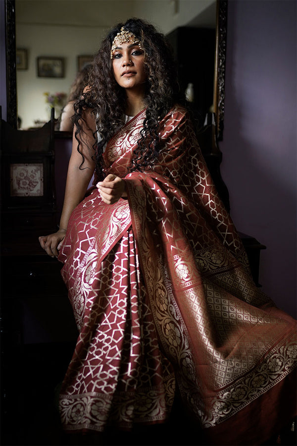 Mamta Sharma Das In Burgundy Tussar Khaddi Silk Saree - Chinaya Banaras