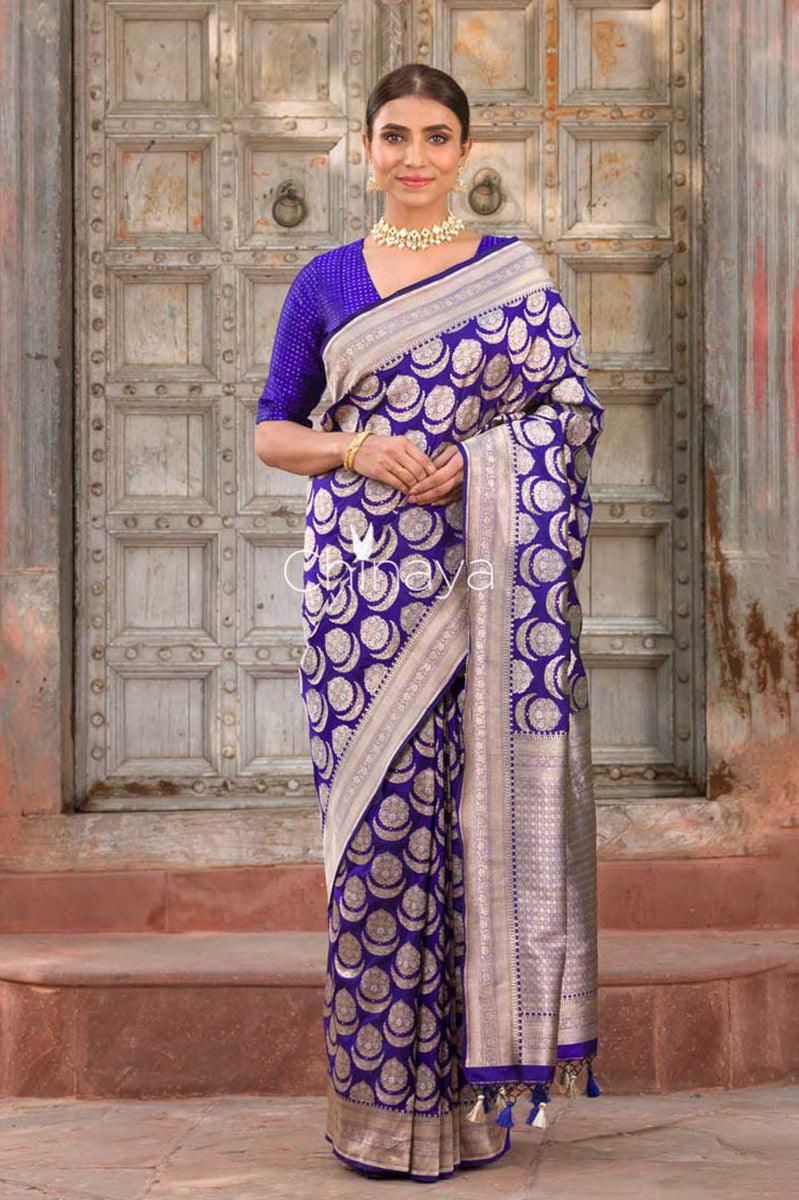 Women In Navy Blue Handwoven Banarasi Silk Saree At Chinaya Banaras