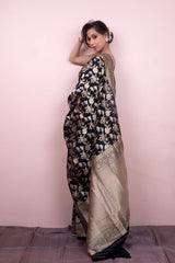 Midnight Black Handwoven Banarasi Katan Silk Saree - Chinaya Banaras