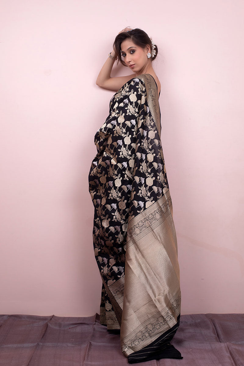 Midnight Black Handwoven Banarasi Silk Saree