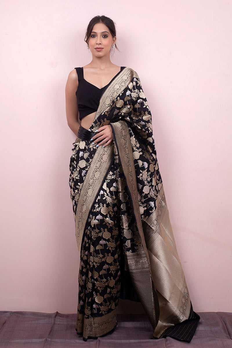 Women worn Black Handwoven Banarasi Silk Saree at Chinaya Banaras
