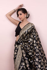 Midnight Black Handwoven Banarasi Katan Silk Saree - Chinaya Banaras