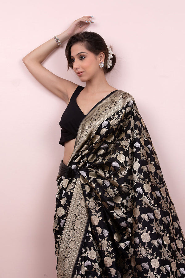 Midnight Black Handwoven Banarasi Katan Silk Saree - Chinaya Banaras