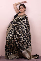 Midnight Black Handwoven Banarasi Katan Silk Saree - Chinaya Banaras