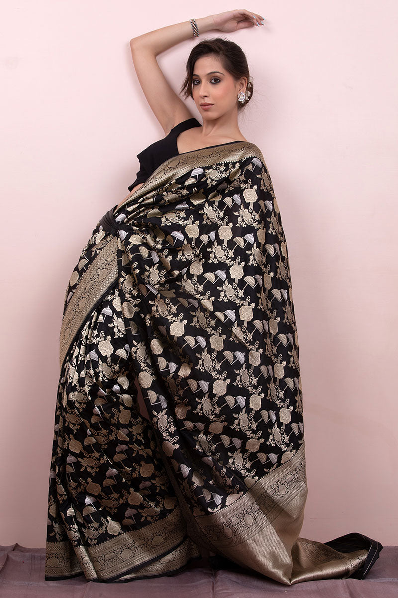 Midnight Black Handwoven Banarasi Silk Saree