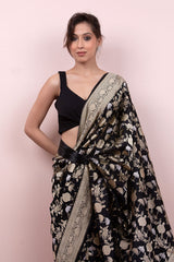 Midnight Black Handwoven Banarasi Katan Silk Saree - Chinaya Banaras