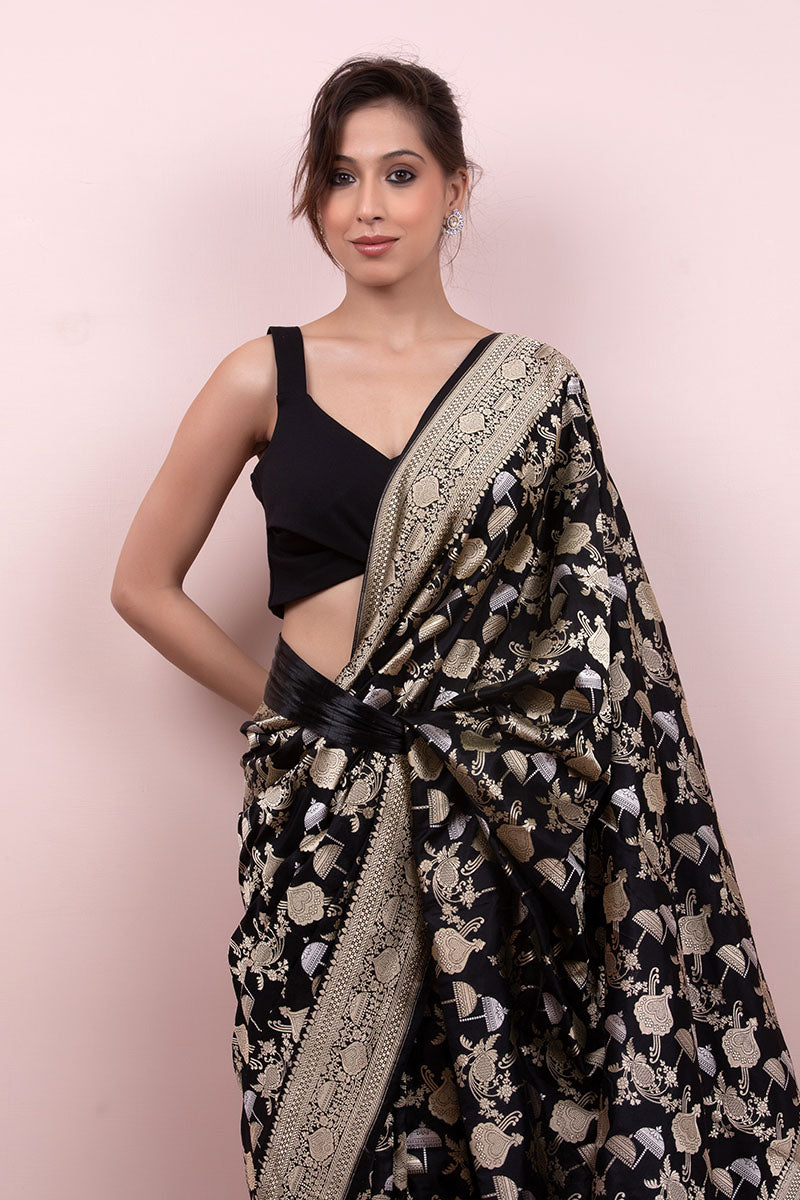 Midnight Black Handwoven Banarasi Silk Saree