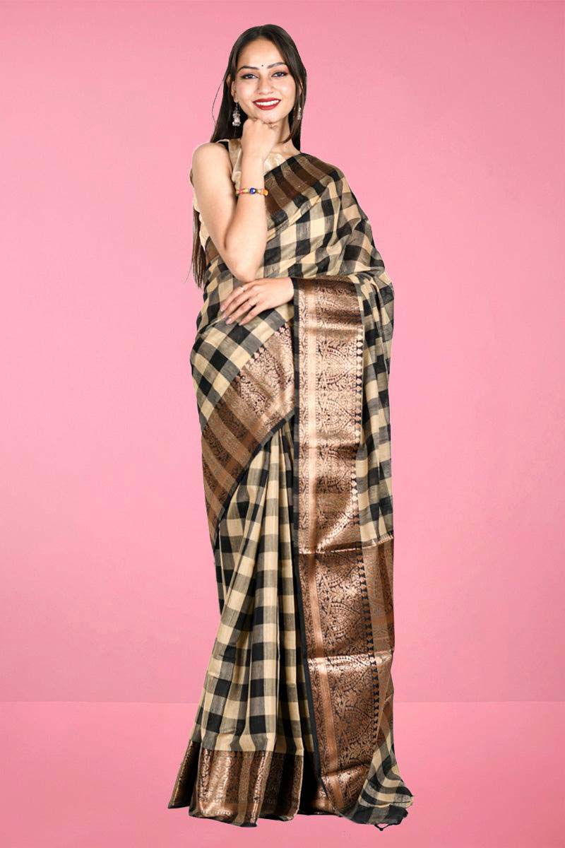 Cotton saree, silk cotton saree, Handloom Cotton Saree, Banarasi Cotton Saree, Black Checkered Saree, cotton Banarasi saree