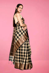 Black Check Woven Banarasi Cotton Saree