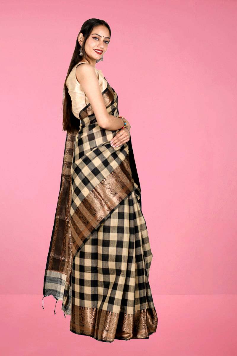 Black Check Woven Banarasi Cotton Saree