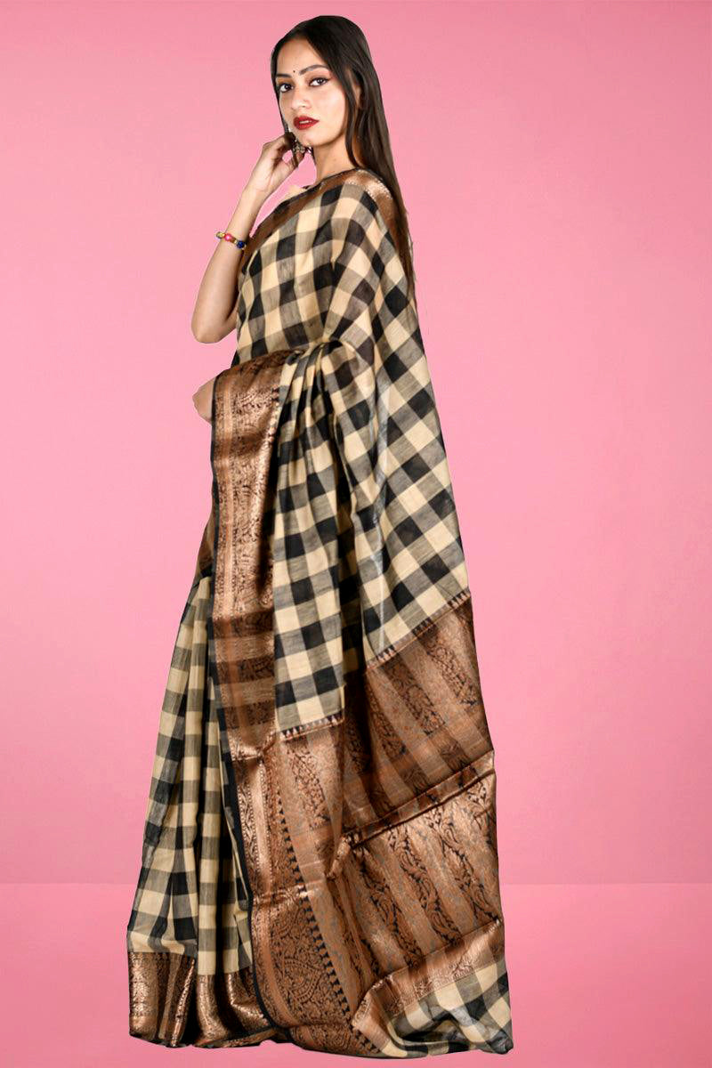 Black Check Cotton Banarasi Saree