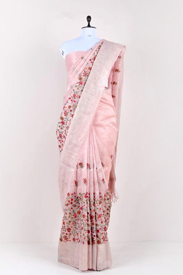 Rose Pink Embroidered Linen  Saree