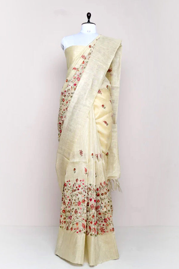Pastel Yellow Embroidered Linen  Saree