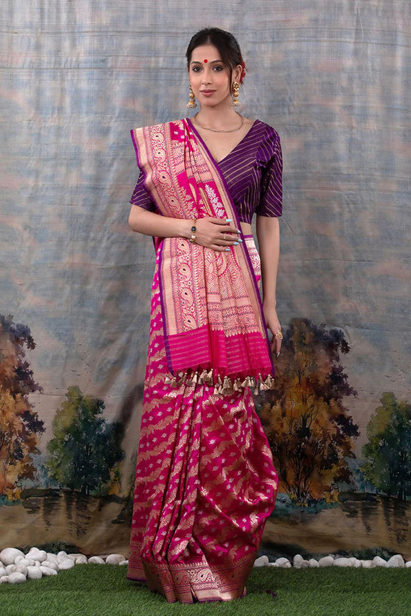 Women In Pink Leheria Handwoven Banarasi Silk Saree at Chinaya Banaars