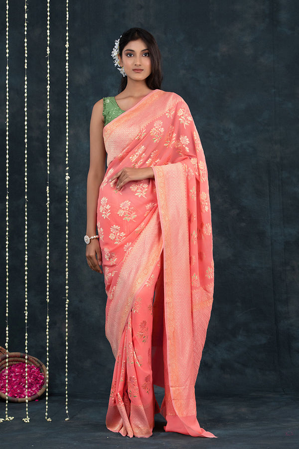 Pink Handwoven Georgette Khaddi Silk Saree At Chinaya Banaras
